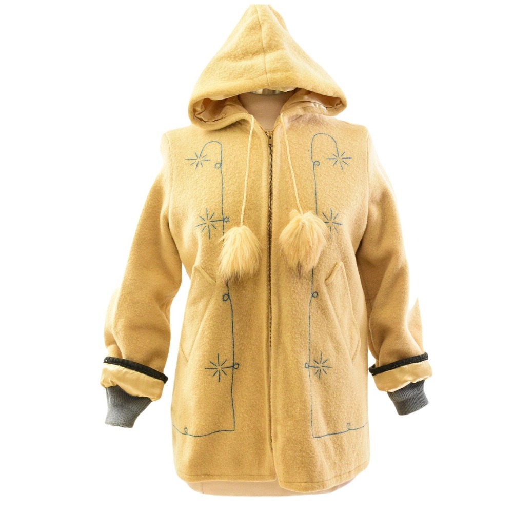 50s Vintage Wool Hooded Coat Womens S Starburst Embroidered Boho Jacket 4 6 Barn